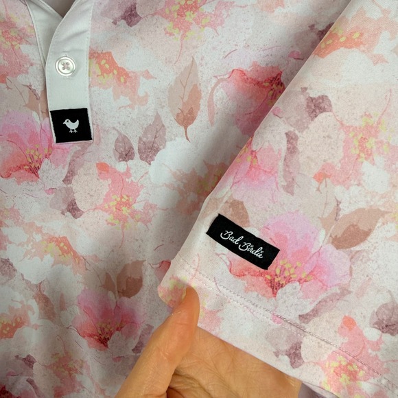 Bad Birdie Mens XL Pink Floral Performance Golf Polo Shirt Short Sleeve Stretch - Picture 5 of 9